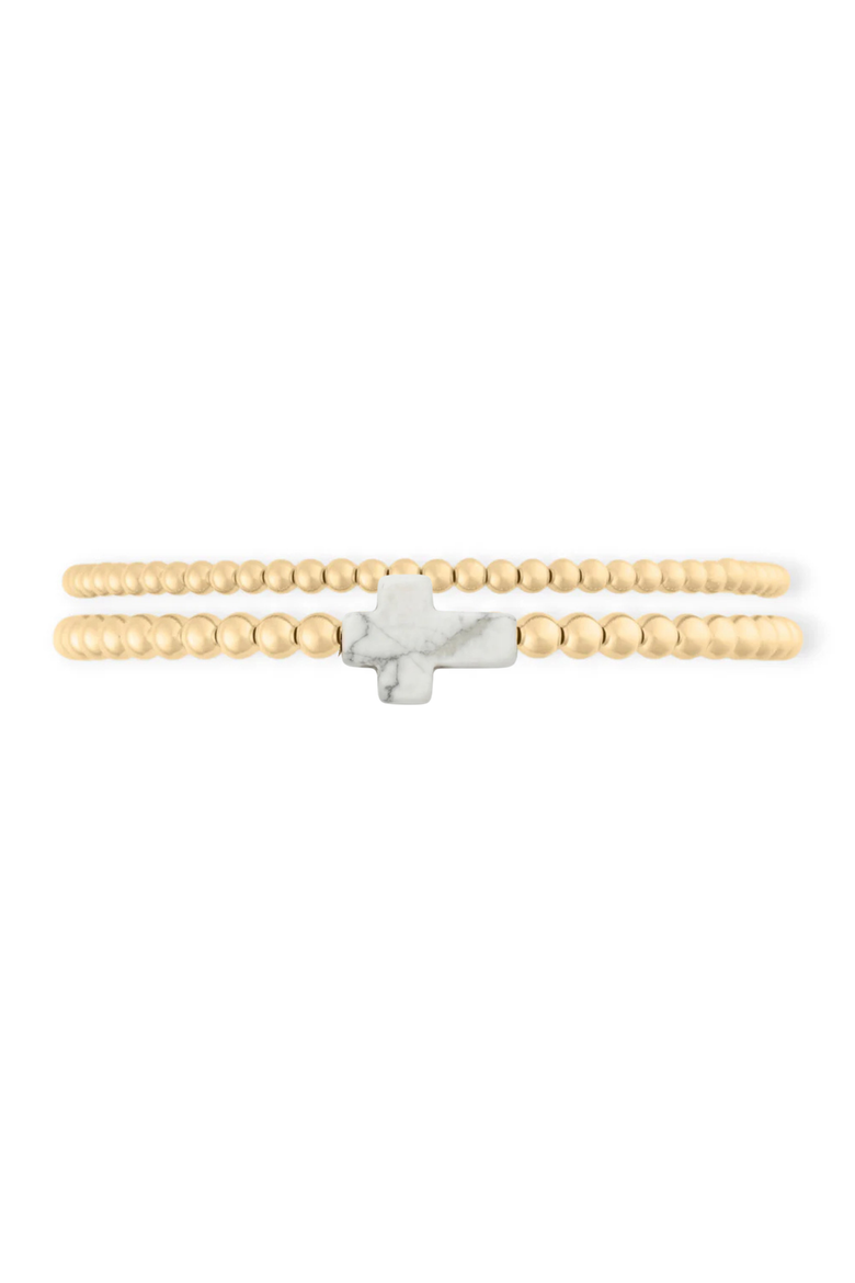 marble cross juno 14k gold filled bead bracelet two stack, Main, color, Gold