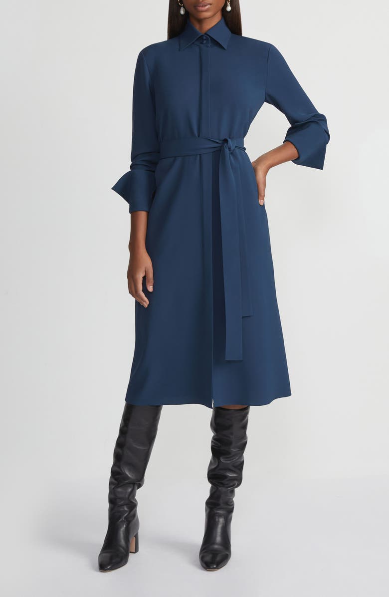 Lafayette 148 New York Long Sleeve Belted Finesse Crepe Shirtdress, Main, color, Lido Blue