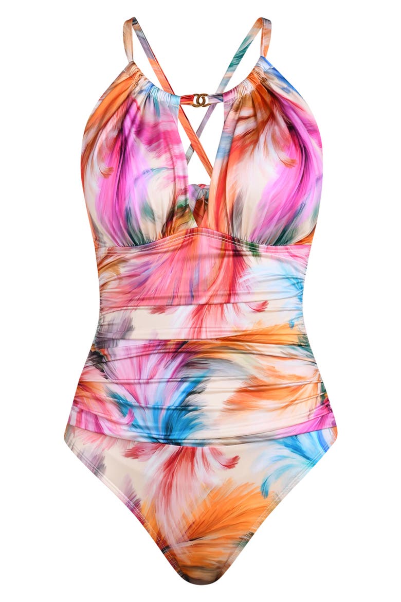 Feathered Impression One-Piece Swimsuit, Alternate, color, PINK MULTI