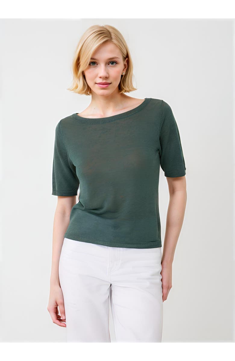 Majestic Filatures Linen Knit Elbow Sleeve Boatneck Shirt, Main, color, Agave