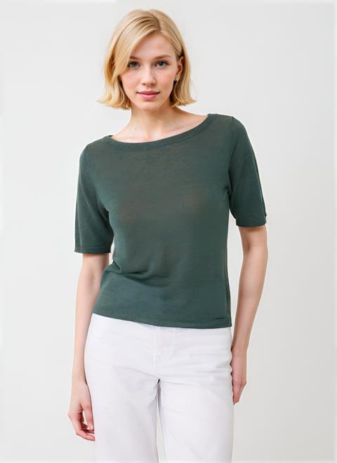 Linen Knit Elbow Sleeve Boatneck Shirt