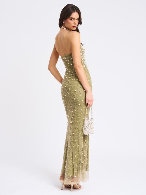 Miss Circle Women Ginny Pear Green Pearl Embellished Backless Gown In Gray