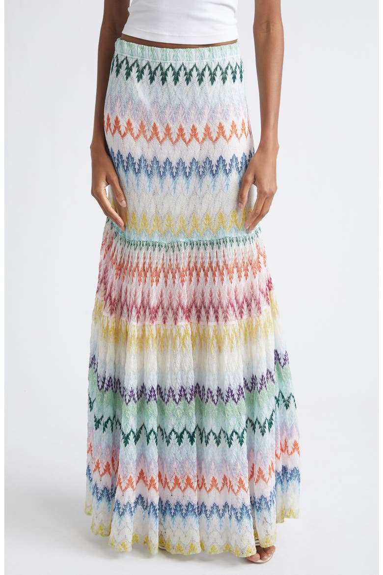 Tiered Raschel Metallic Zigzag Maxi Skirt, Main, color, MULTICOLOR ON WHITE BASE