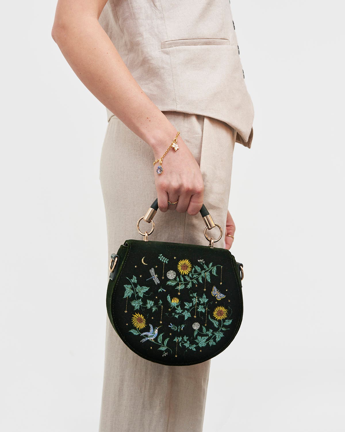 Fable England Charlotte Sunflower Top Handle Purse, Alternate, color, Dark Green