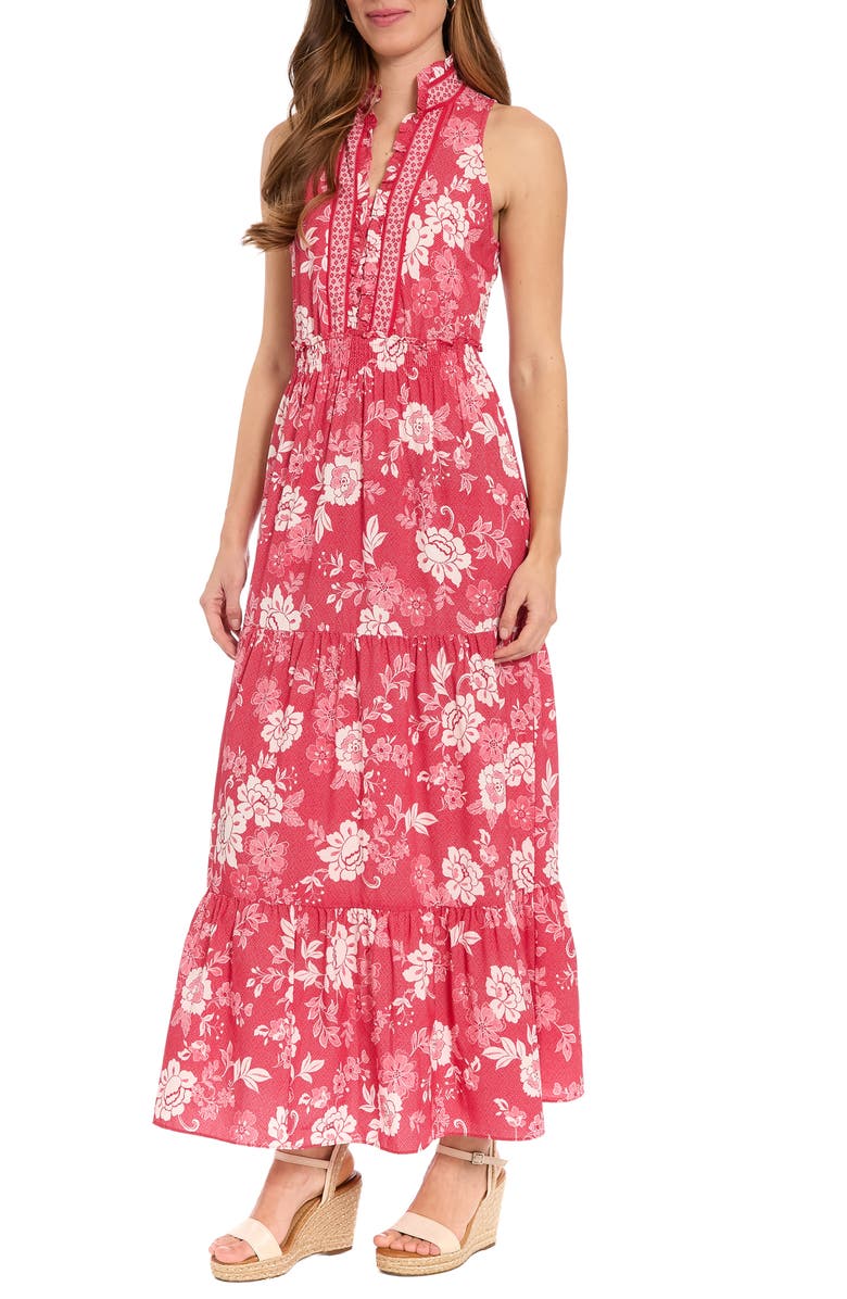 London Times Floral Sleeveless Smocked Waist Tiered Maxi Dress, Alternate, color, Gogi Berry/ Soft White