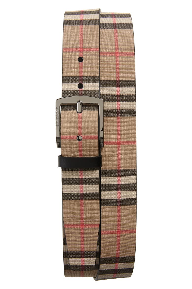 Check E-Canvas & Leather Belt, Main, color, ARCHIVE BEIGE