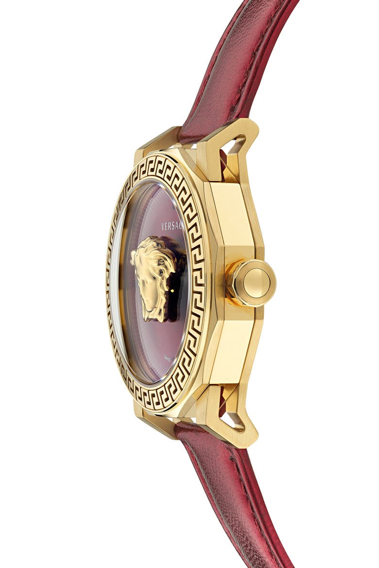 Medusa Deco Leather Strap Watch, 38mm, Alternate, color, IP YELLOW GOLD