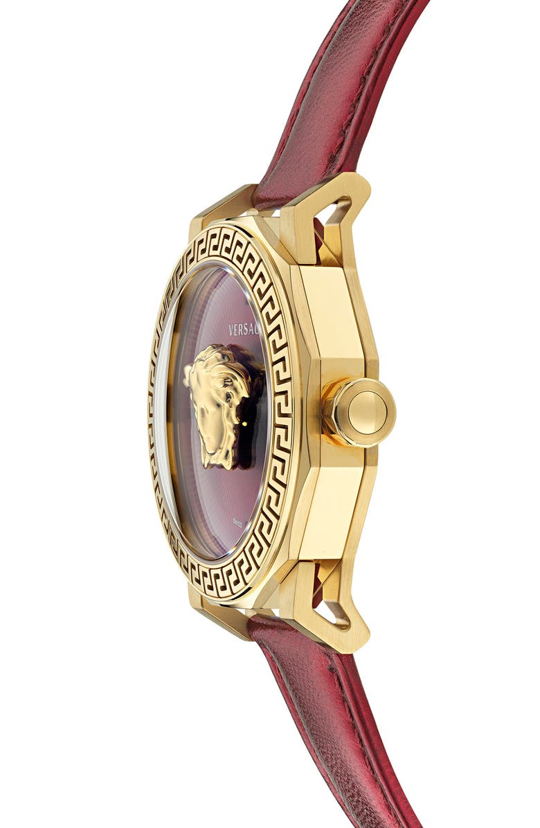 Versace Medusa Deco Leather Strap Watch, 38mm, Alternate, color, Ip Yellow Gold