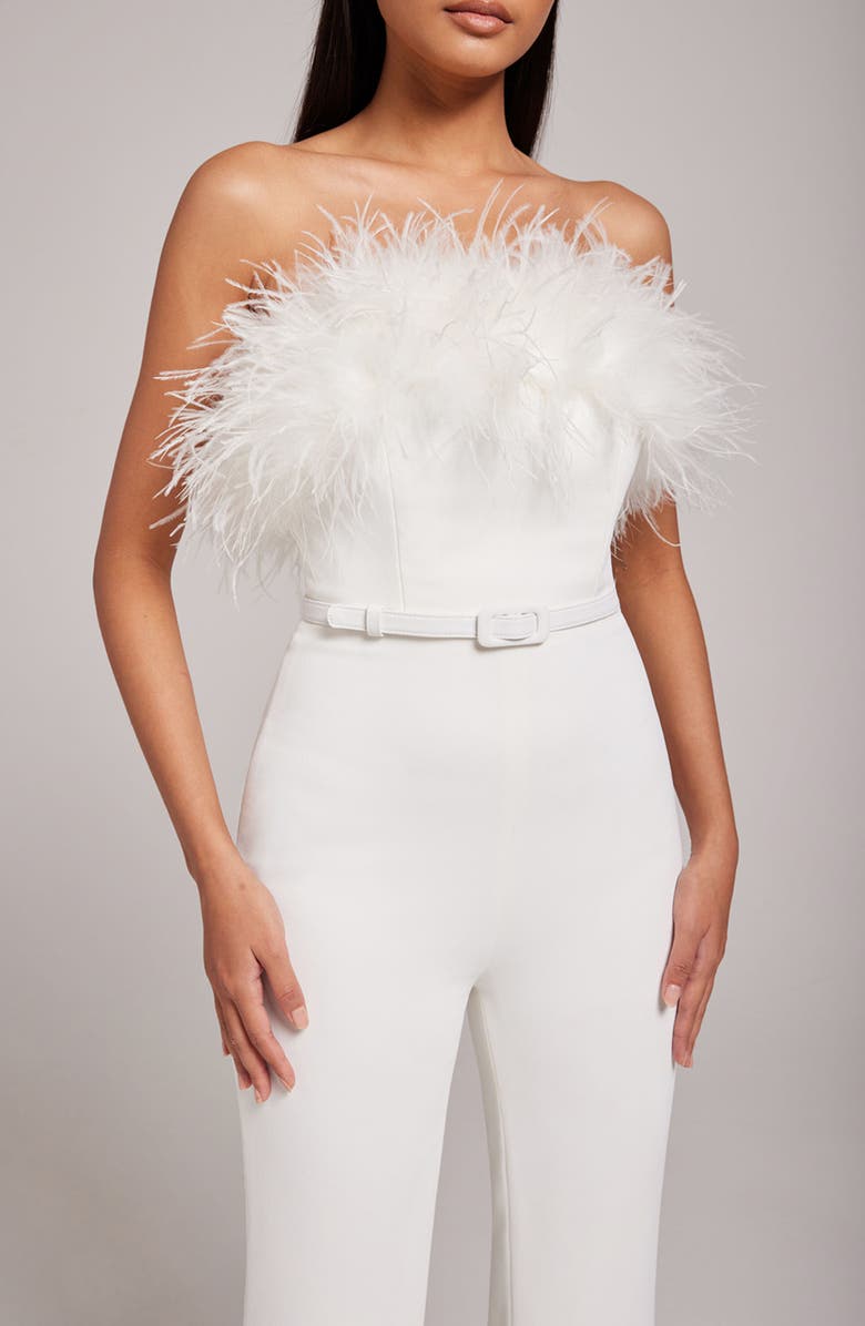 NADINE MERABI Colette Ostrich Feather Trim Belted Strapless Jumpsuit, Alternate, color, 