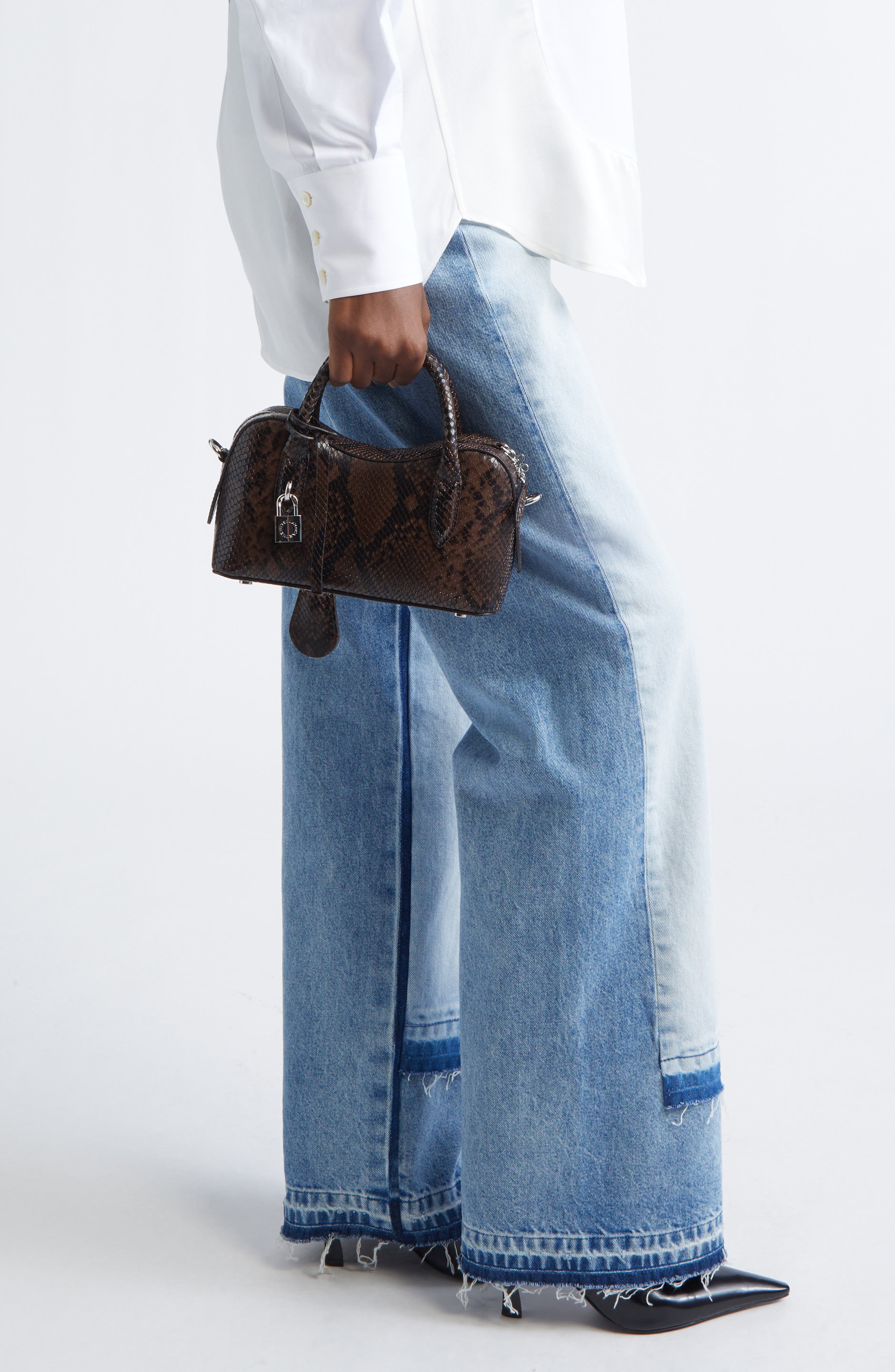 Stella McCartney Small Ryder Snakeskin Embossed Faux Leather Top Handle Bag, Alternate, color, Espresso