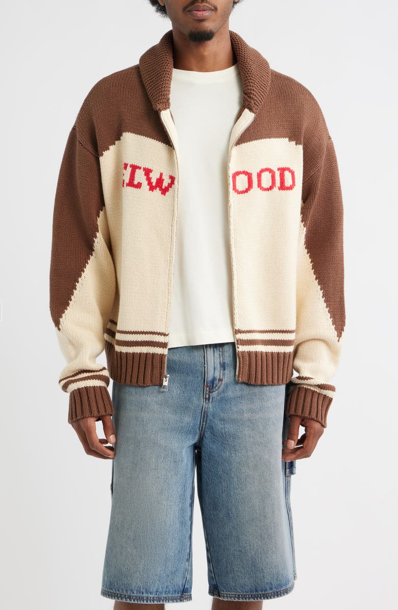 Elwood Camp Shawl Collar Zip Cardigan, Main, color, Brown/ Off White