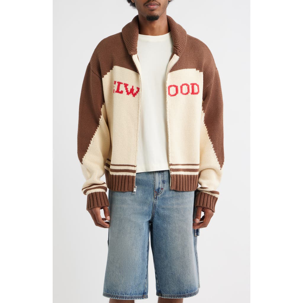 Elwood Camp Shawl Collar Zip Cardigan in Brown/Off White  product