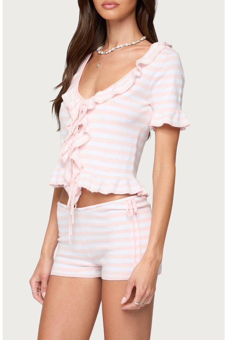 Janelle Stripe Ruffle Crop Tie Front Top, Alternate, color, LIGHT-PINK