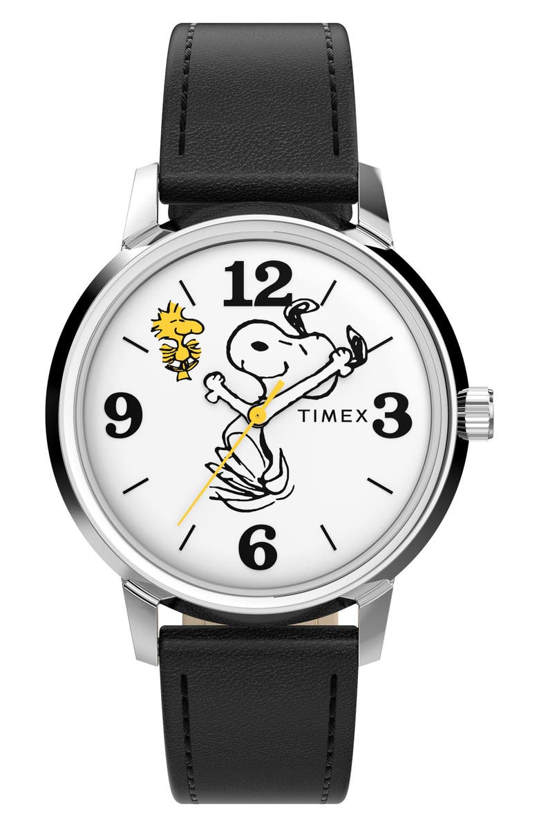 Timex<sup>®</sup> x Peanuts Marlin<sup>®</sup> 75th Anniversary Edition Leather Strap Watch, 38mm, Main, color,