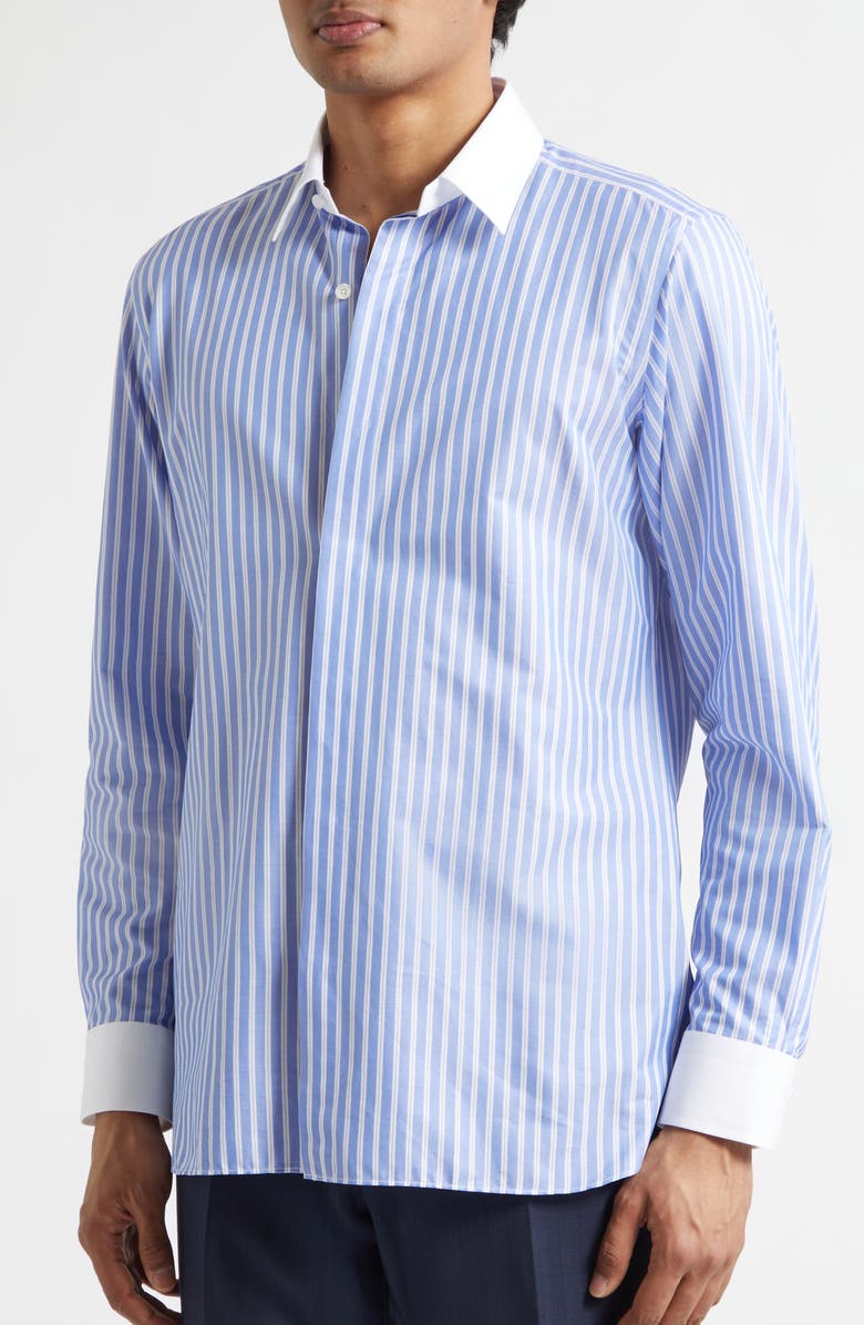 TOM FORD Classic Fit Contrast Collar Stripe Button-Up Shirt, Alternate, color, White/ Blue
