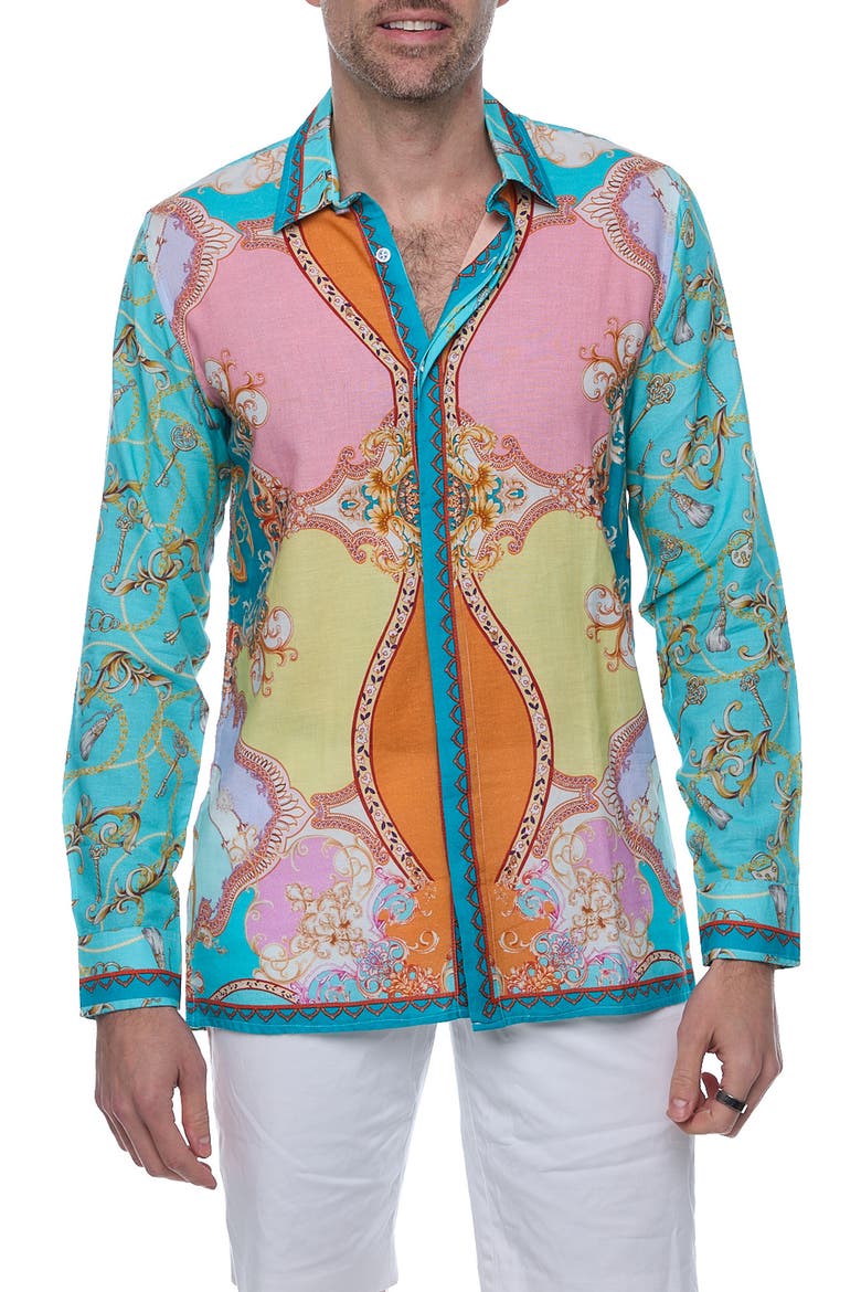 Linen & Cotton Long Sleeve Resort Shirt, Main, color, BLUE/ GREEN