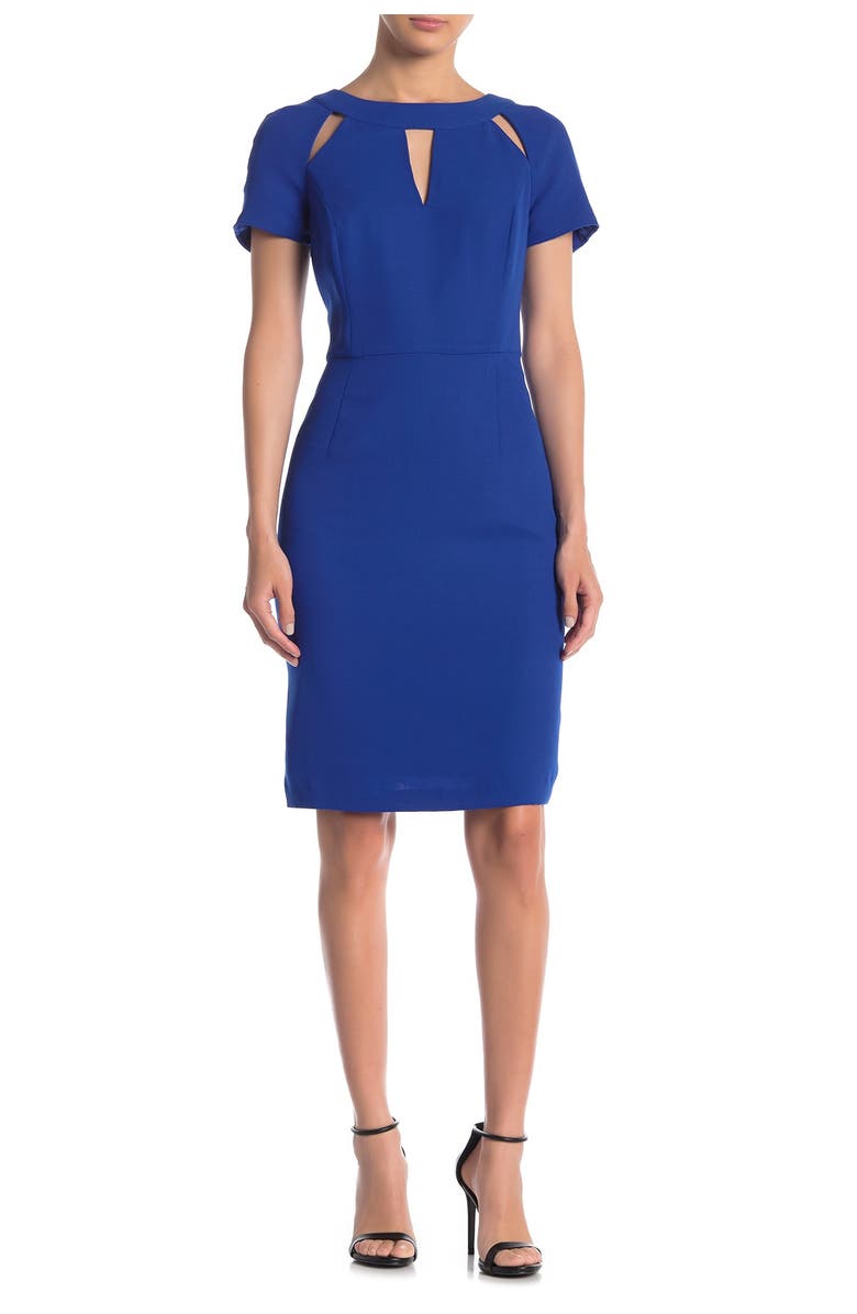 FOCUS BY SHANI Keyhole Short Sleeve Crepe Sheath Dress, Alternate, color,