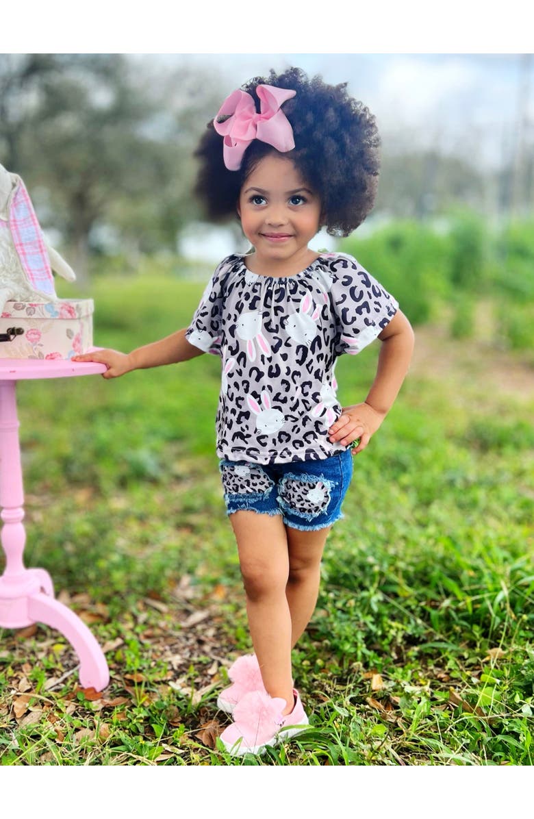 Mia Belle Girls Girls Oh Bunny! Denim Shorts Set, Alternate, color, Leopard