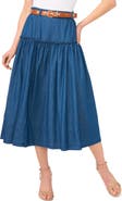 CeCe Tiered Belted Denim Midi Skirt