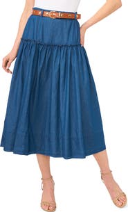CeCe Tiered Belted Denim Midi Skirt