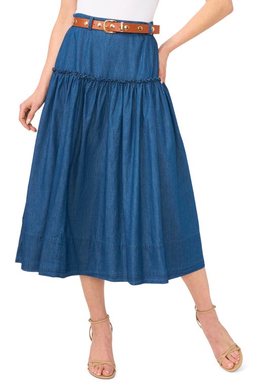 Cece Tiered Belted Denim Midi Skirt In Blue