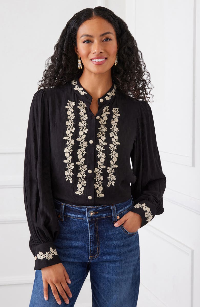 Karen Kane Floral Embroidered Button-Up Shirt, Alternate, color, 