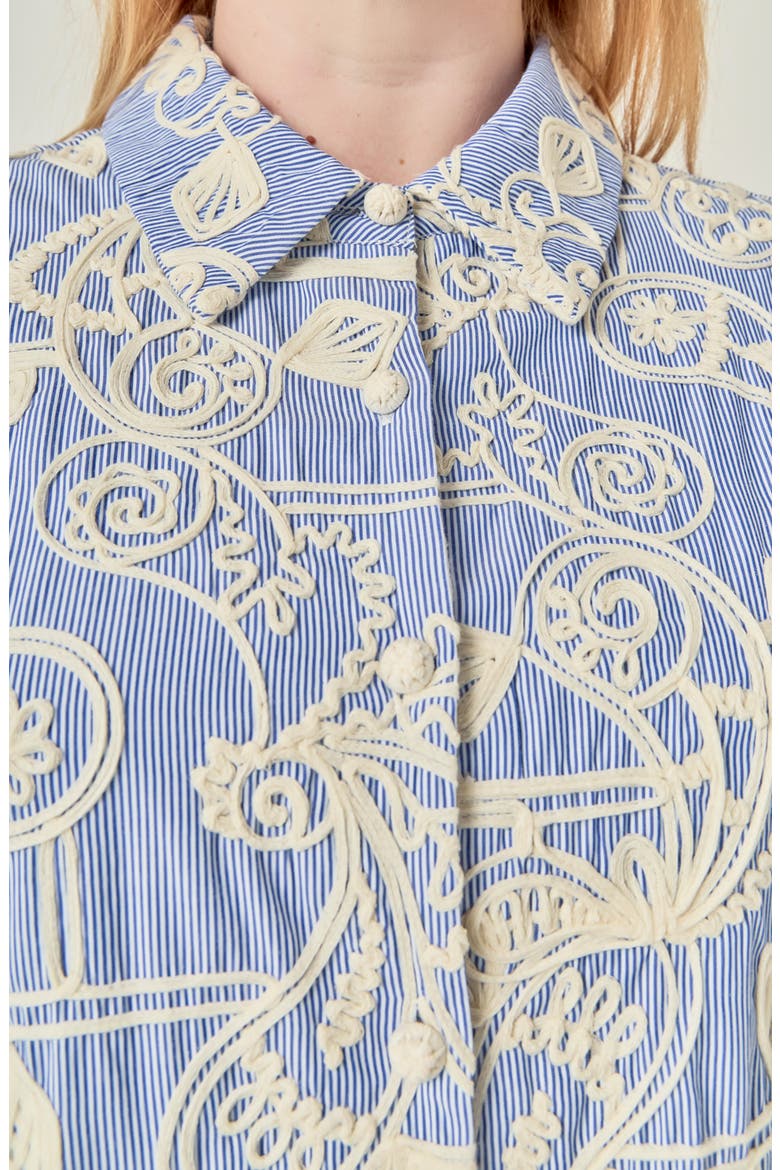 Embroidered Striped Volume Sleeve Shirt, Alternate, color, BLUE/ CREAM