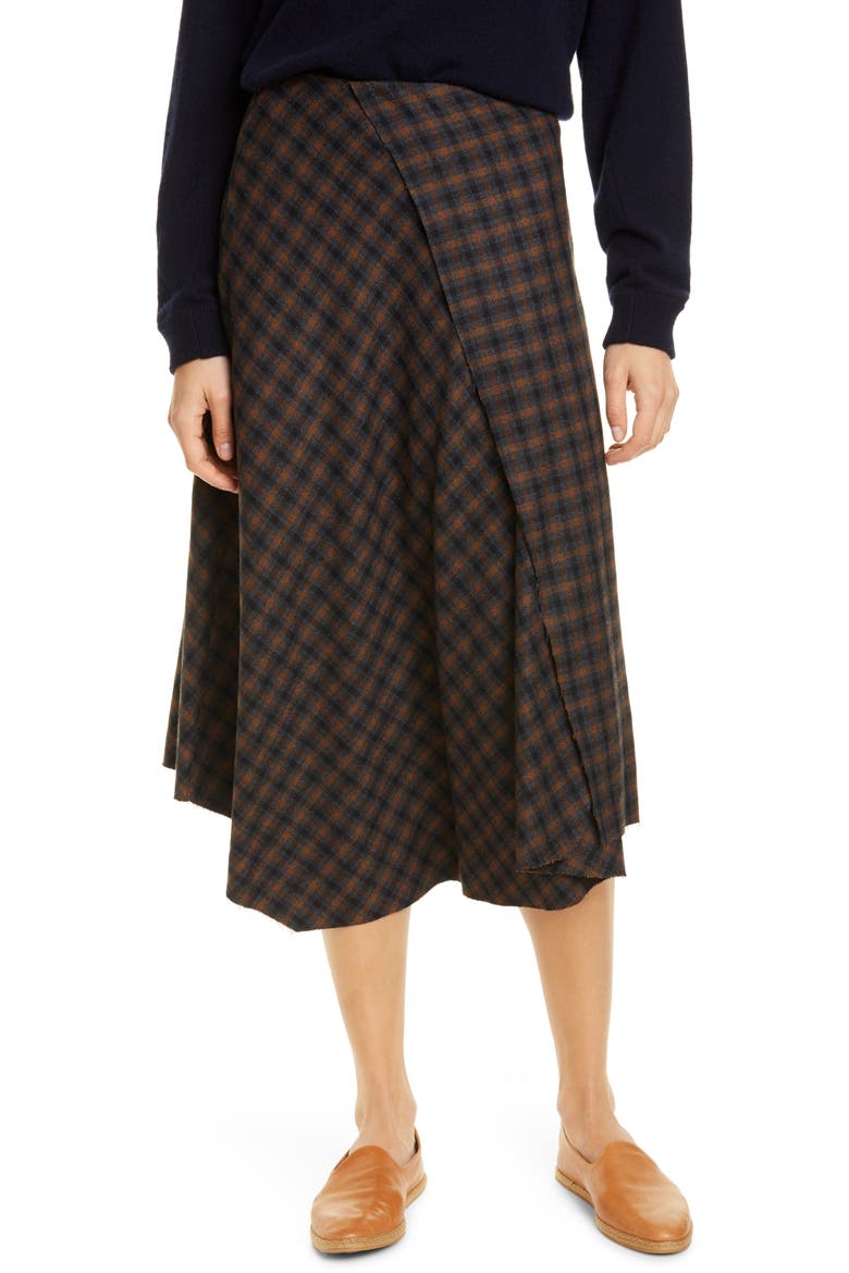 Drape Front Check Plaid Skirt, Main, color, MAHOGANY