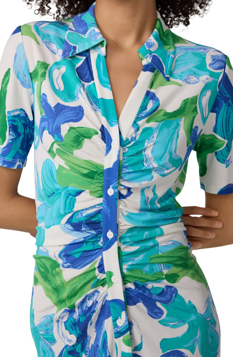 Diane von Furstenberg Zoey Floral Short Sleeve Ruched Midi Shirtdress, Alternate, color, Cote Ibiza Blue