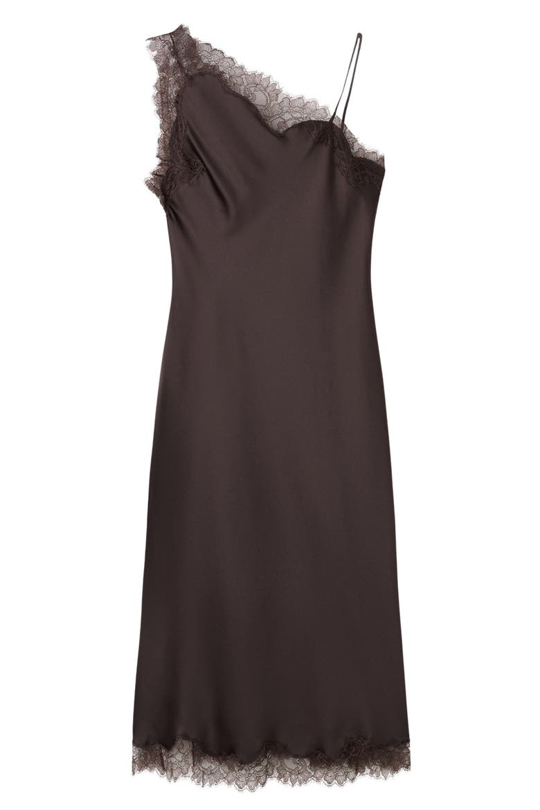 Lace Trim One-Shoulder Satin Slipdress, Main, color, CHOCOLATE