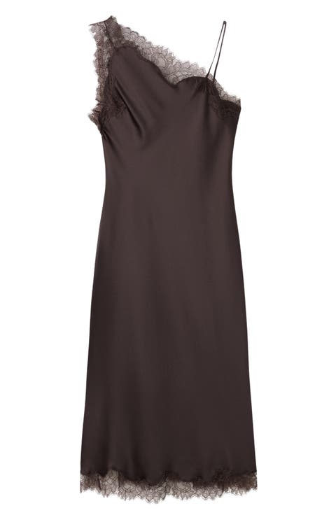 Lace Trim One-Shoulder Satin Slipdress