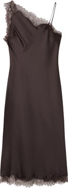 MANGO Lace Trim One-Shoulder Satin Slipdress