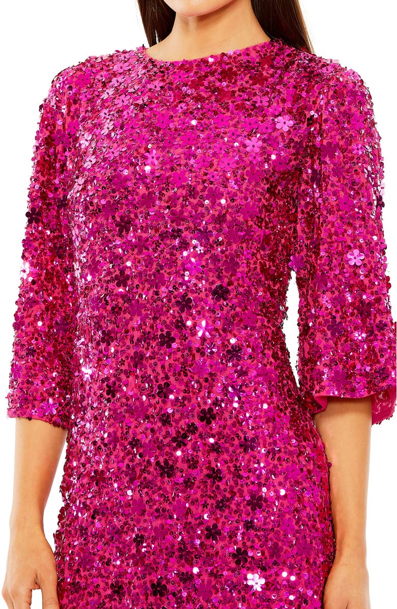Mac Duggal 3/4 Sleeve High Neck Sequin Embellished Mini Dress, Alternate, color, Hot Pink