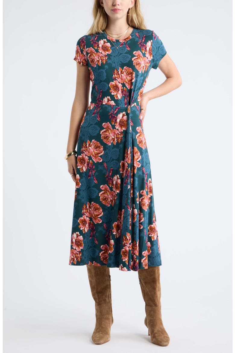 Twist Waist Jersey Midi Dress, Main, color, GREEN- PINK PAISLEY BOUQUET