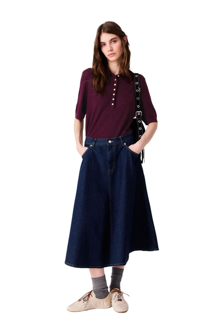 Mid-length flared denim skirt, Main, color, Navy