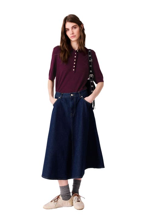 Mid-length flared denim skirt
