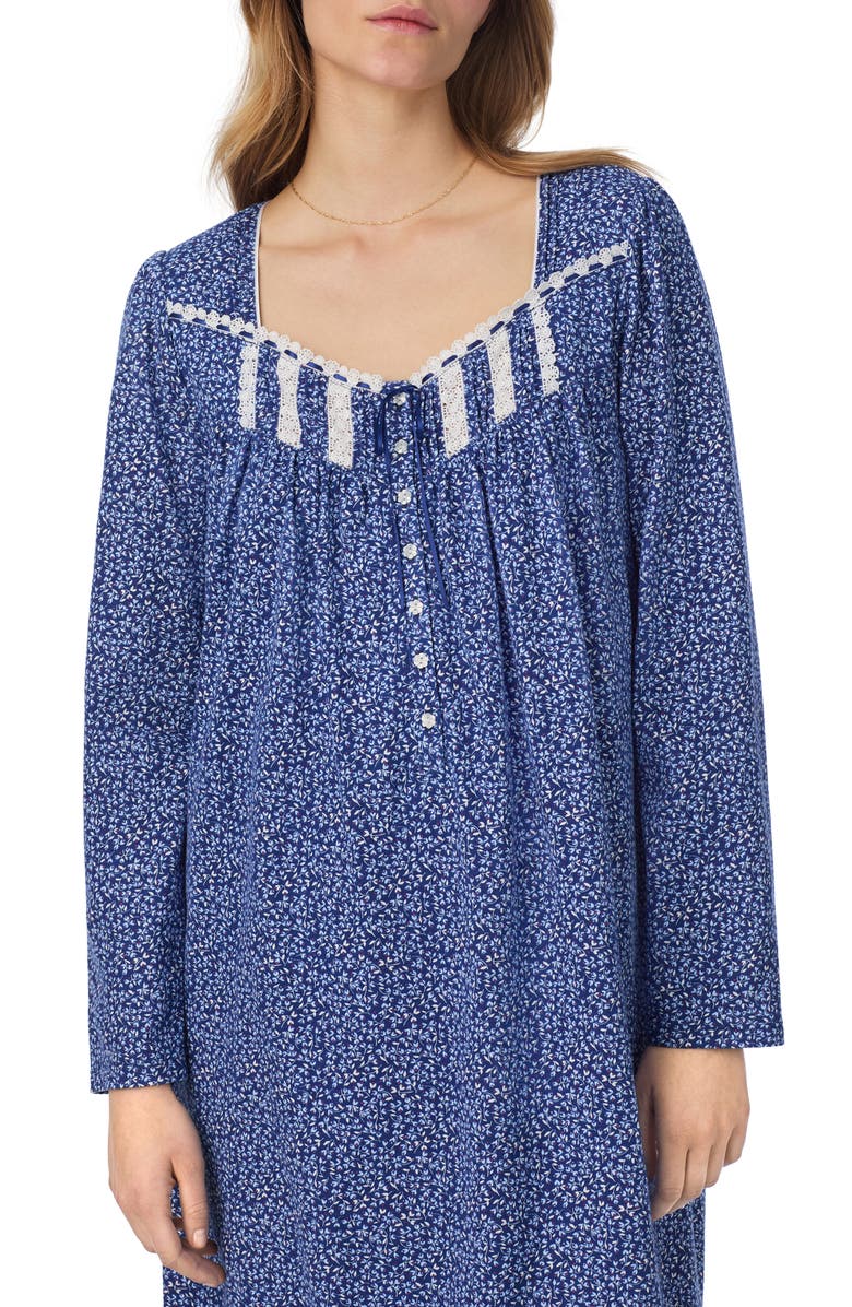 Eileen West Long Sleeve Cotton Jersey Short Nightgown, Alternate, color, Blu/ Flor