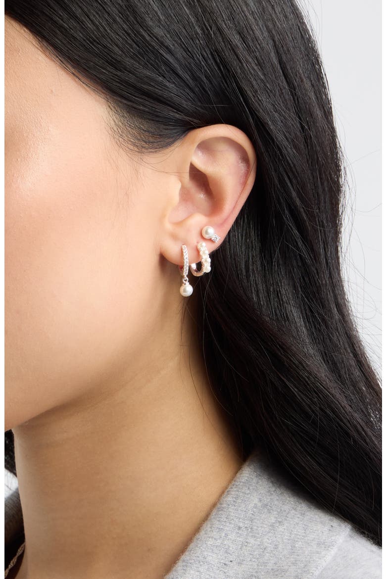 Set of 3 Imitation Pearl & Cubic Zirconia Earrings, Alternate, color, WHITE- STERLING SILVER PLATED