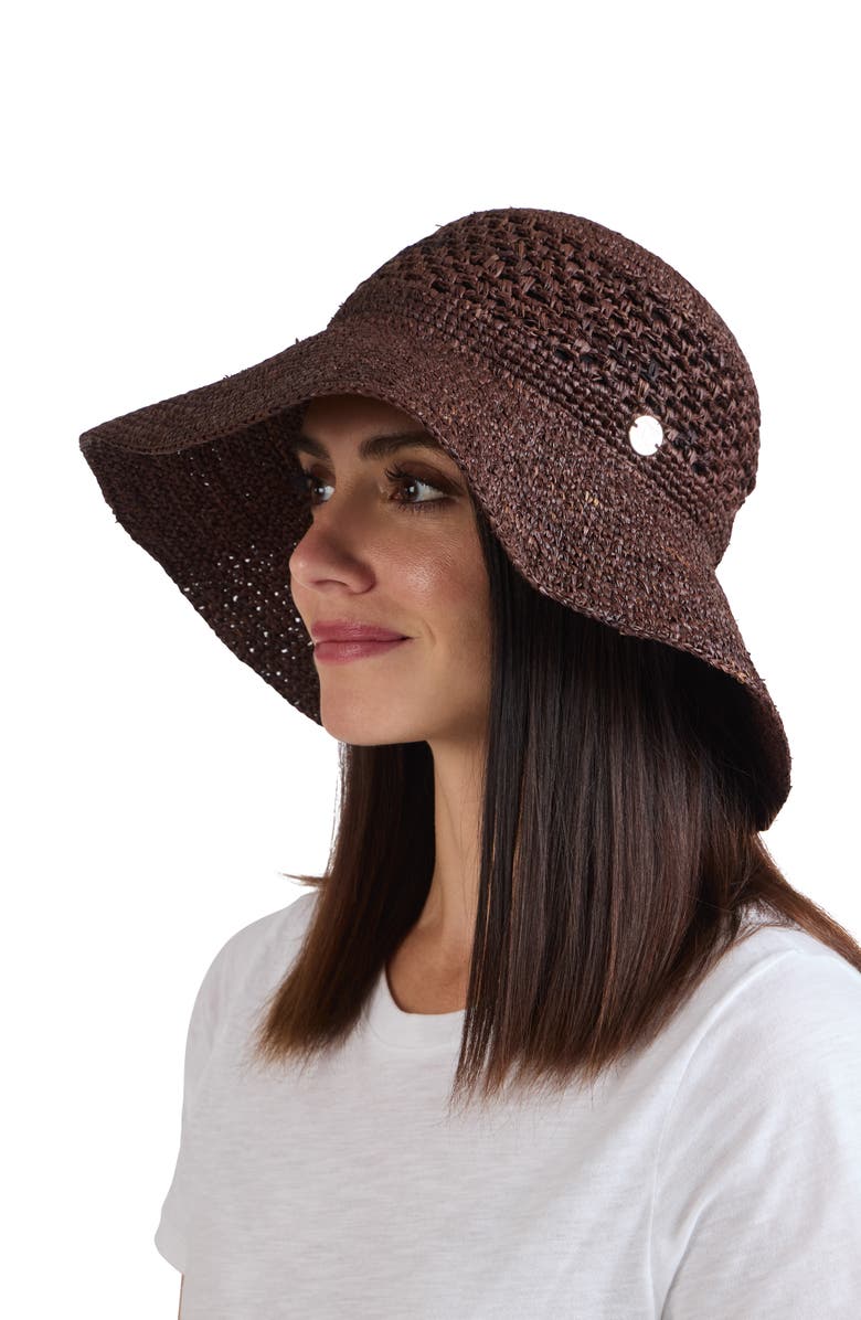 Bruno Magli Straw Crochet Packable Floppy Hat, Alternate, color, Brown