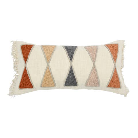 Embroidered Cotton Lumbar Pillow with Fringe, Terracotta Multicolor