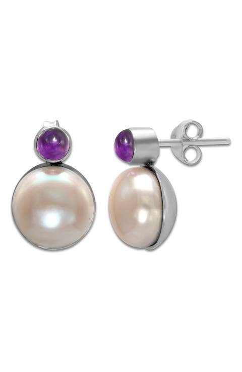 Freshwater Pearl & Amethyst Stud Earrings