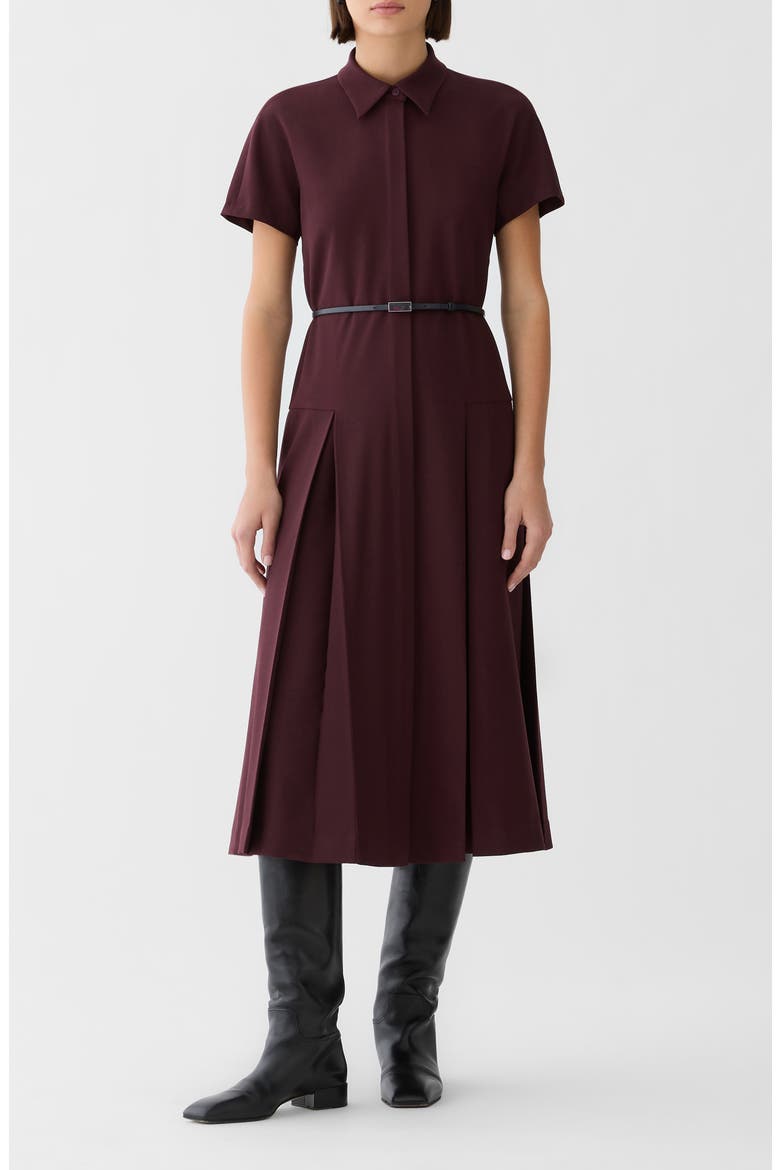 A-Line Pleated Wool Blend Shirtdress with Leather Belt, Main, color, BEET MELANGE