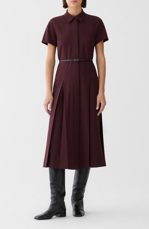 A-Line Pleated Wool Blend Shirtdress with Leather Belt