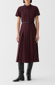 Lafayette 148 New York A-Line Pleated Wool Blend Shirtdress with Leather Belt