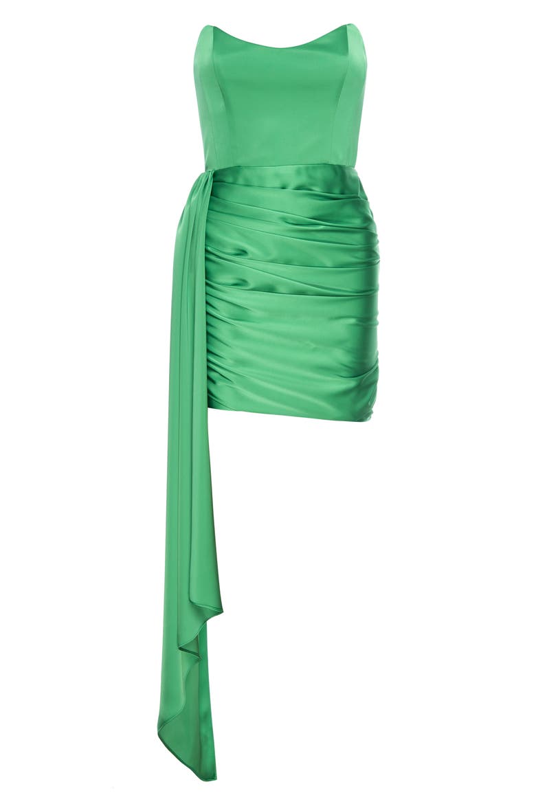Chasing Dawn Side Drape Strapless Satin Minidress, Alternate, color, EMERALD