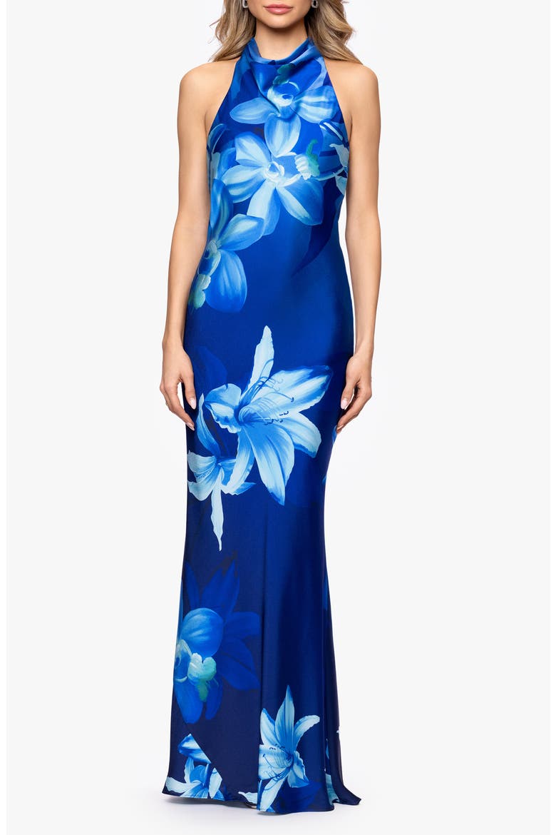 Floral Halter Neck Hammered Satin Gown, Main, color, BLUE/ MULTI