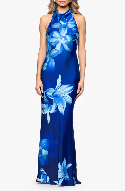 Floral Halter Neck Hammered Satin Gown