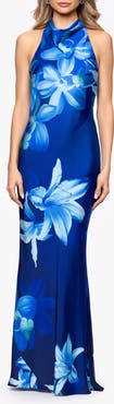 Betsy & Adam Floral Halter Neck Hammered Satin Gown