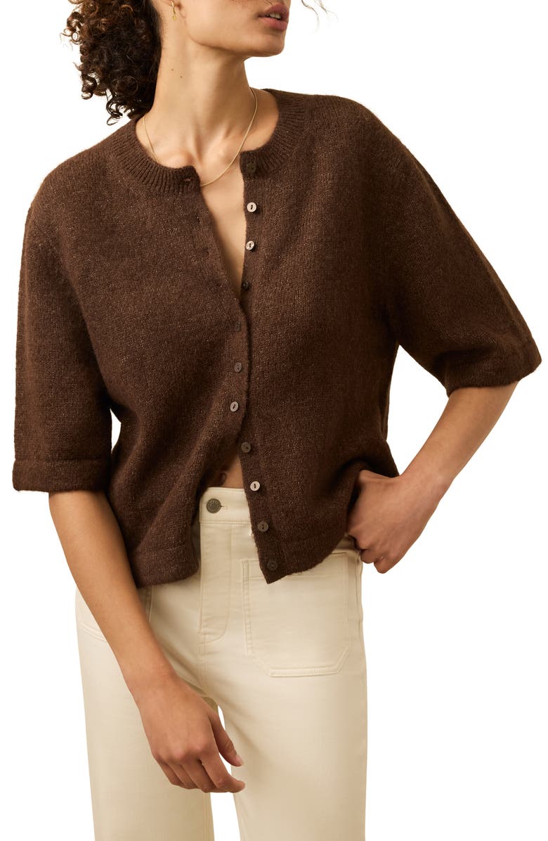 Faherty Apres Elbow Sleeve Alpaca & Pima Cotton Cardigan, Main, color, Walnut Brown