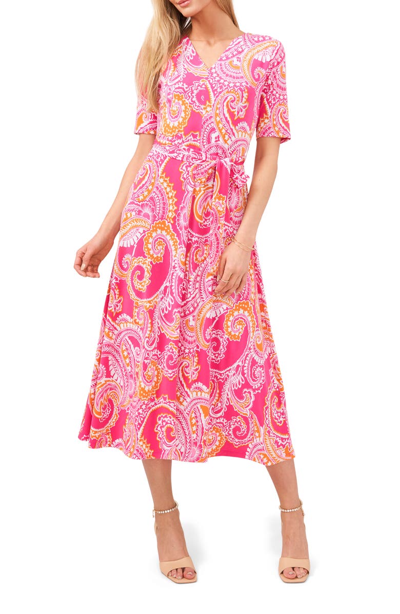 Chaus Paisley Tie Waist Midi Dress, Main, color, Pink/ Orange/ White
